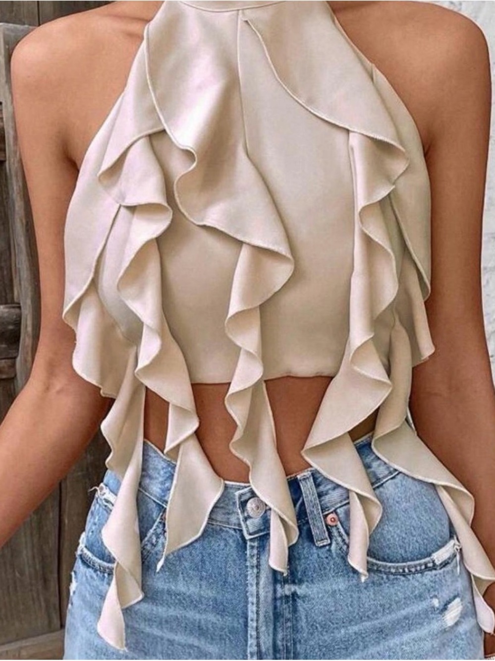SHEIN Cream Ruffle Halter Crop Top